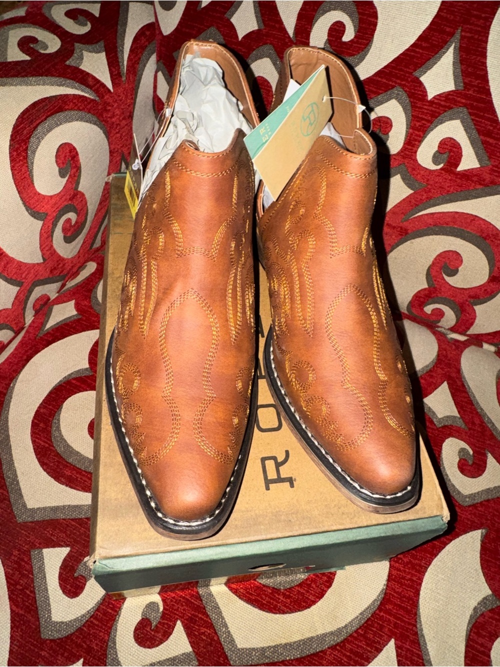 Women Roper Tan Leather Slip-On Western Cowboy Boots